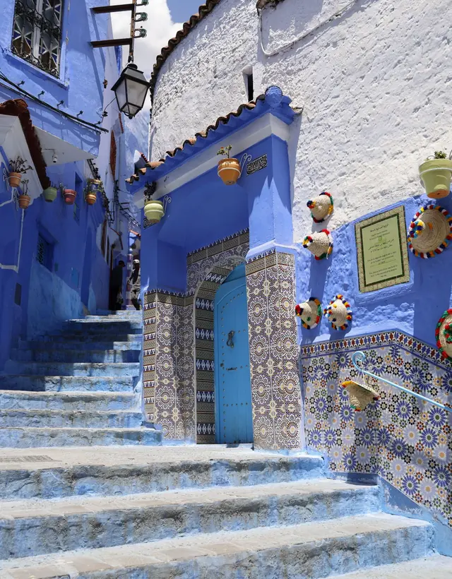 Blue stairs and flower pots in Chefchaouen